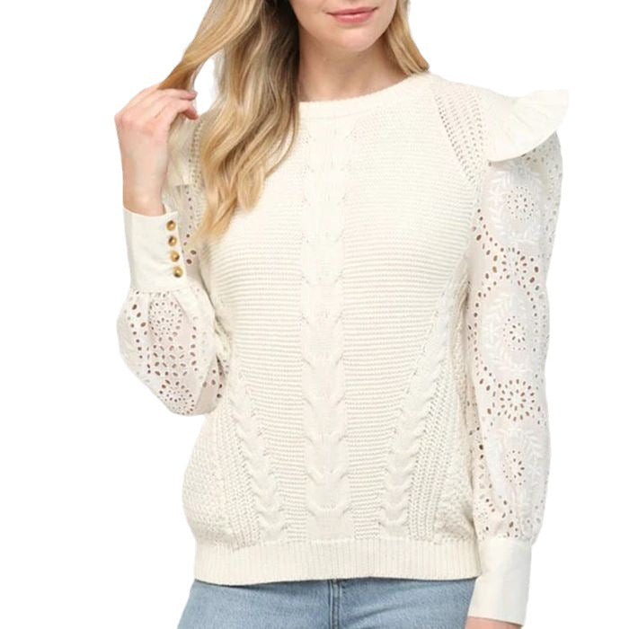 Damen eleganter Strickpullover mit Rüschendetails und Lochmuster Drune