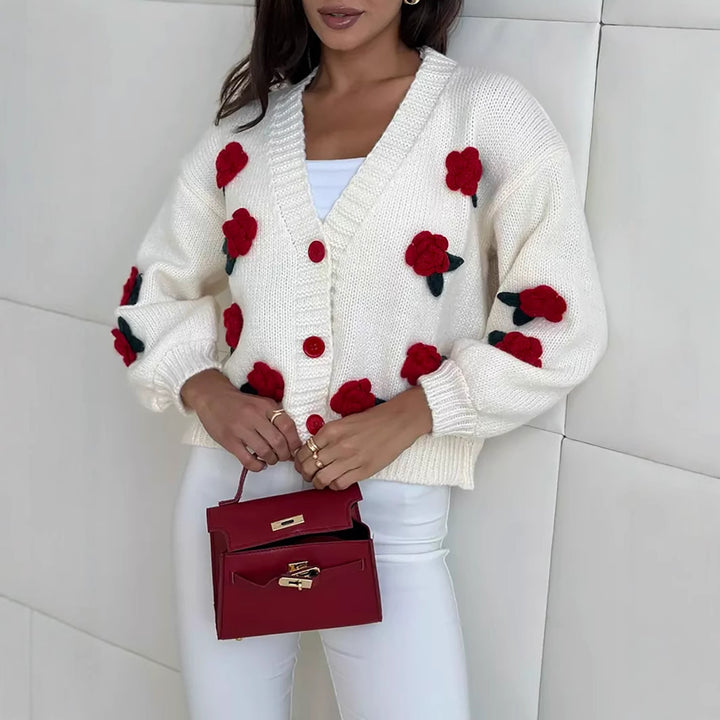 Damen Strickjacke mit floralen Applikationen und voluminösen Ärmeln Drune