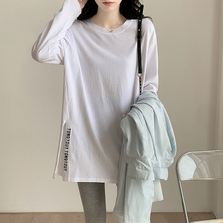 Damen längeres Oversized-Shirt mit seitlichen Schlitzen und modernem Schriftzug Drune