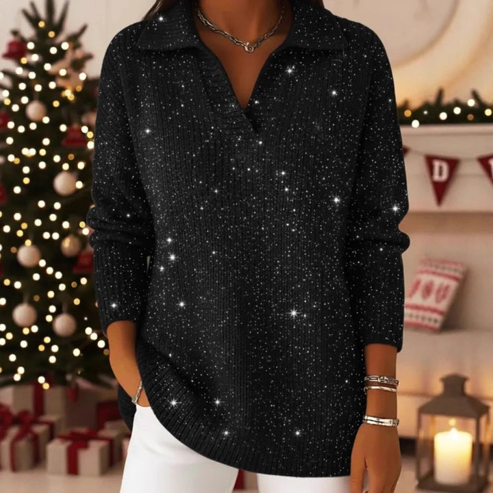 Damen schimmernder Strickpullover mit modernem Kragen Drune