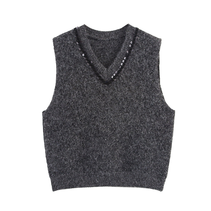 Damen eleganter Strickpullover ohne Ärmel mit funkelnden Applikationen Drune