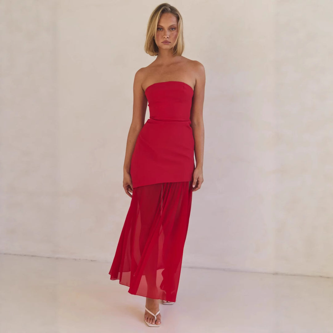 Damen Elegantes Bandeau-Maxi-Kleid mit fließendem Chiffon-Rock und figurbetontem Oberteil Drune
