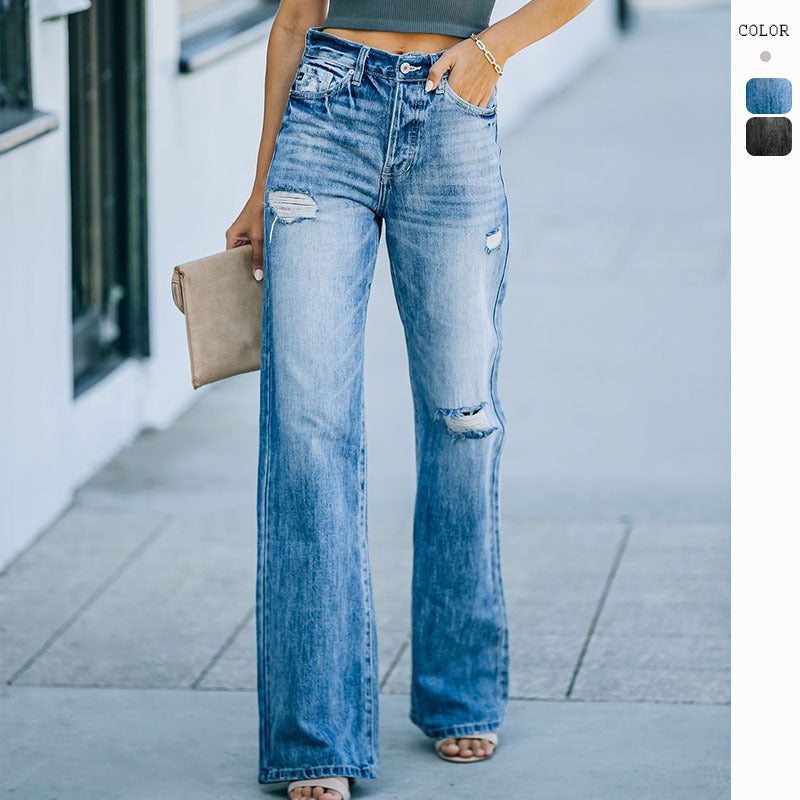 Damen Weit geschnittene Jeans mit Distressed-Effekten und hohem Bund Drune