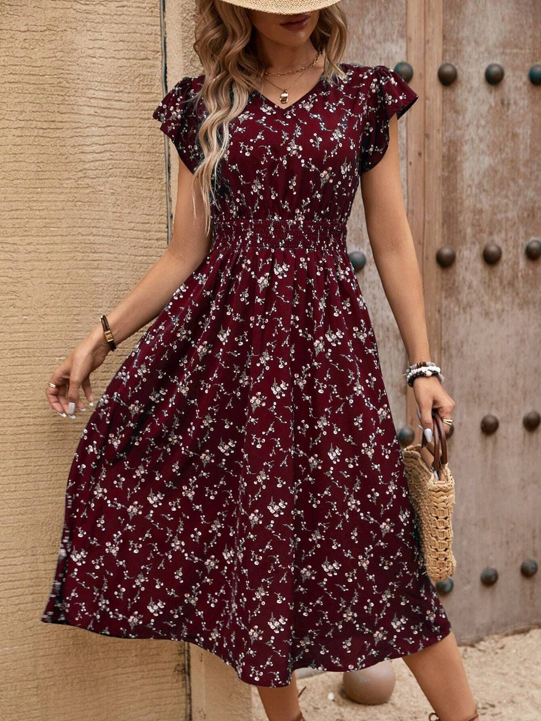 Damen Midikleid mit floralem Muster und Raffungen Drune