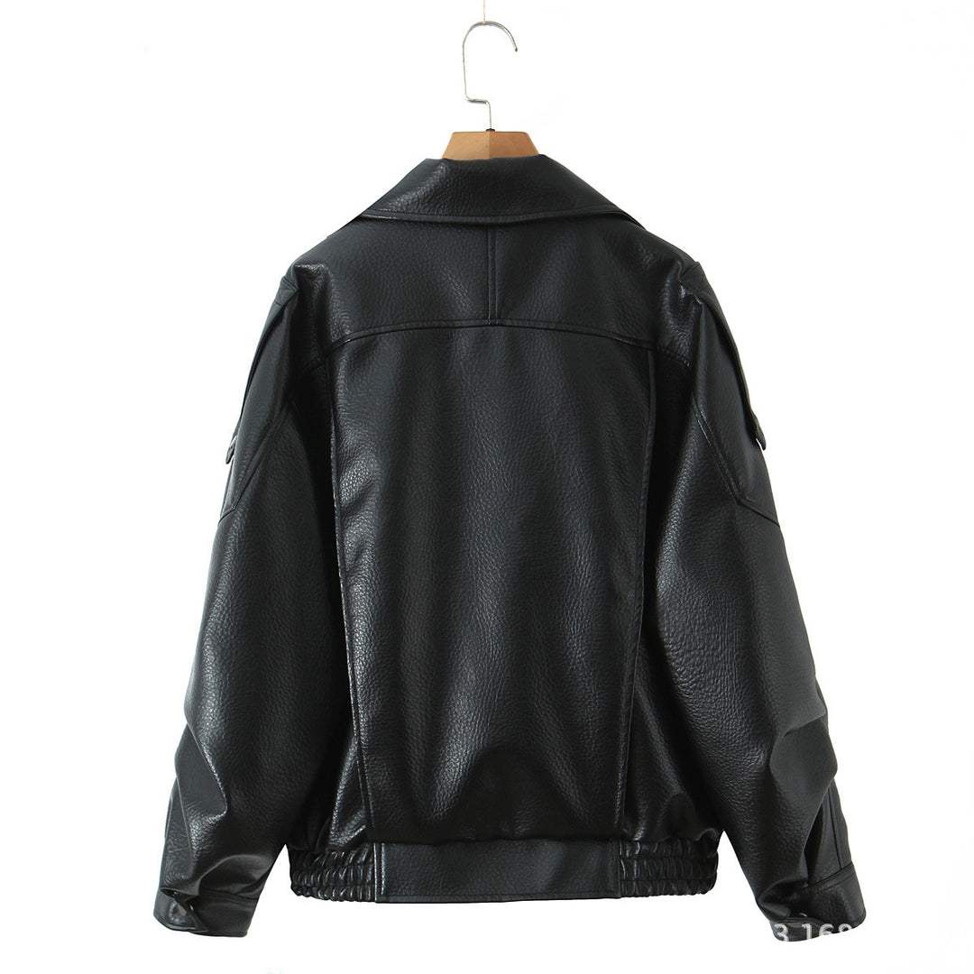 Damen Modische Kunstlederjacke mit erotischem Revers und elastischem Saum Drune