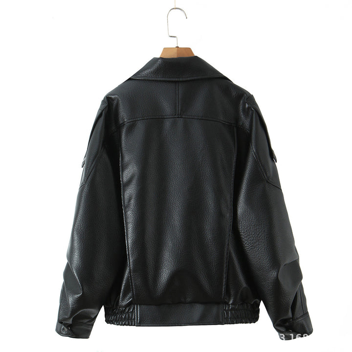 Damen Modische Kunstlederjacke mit erotischem Revers und elastischem Saum Drune