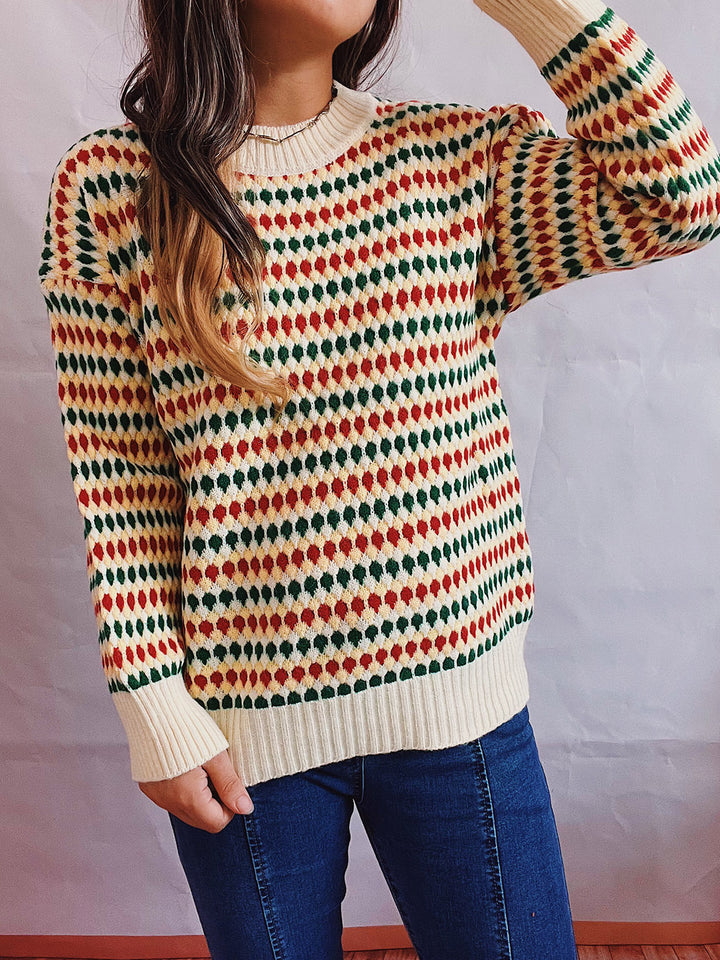 Damen lässiger Strickpullover mit buntem Rautenmuster und Rundhalsausschnitt Drune