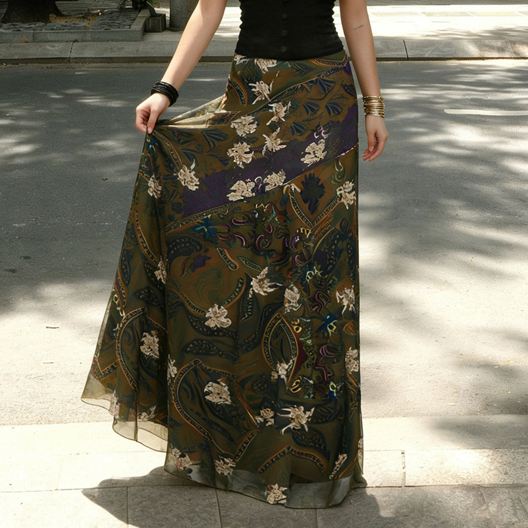 Damen Langer, eleganter Rock im Vintage-Stil mit floralem Muster und fließendem Schnitt Drune