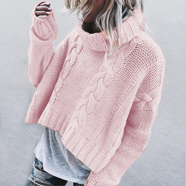Damen cropped Strickpullover mit rollbarem Kragen und Zopfmuster Drune