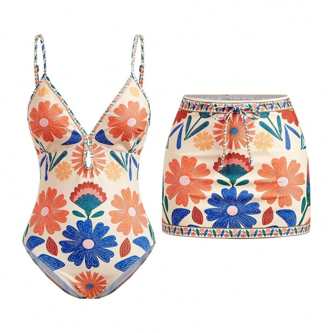 Damen Badeanzug mit floralem Design und abnehmbarem Rock Drune