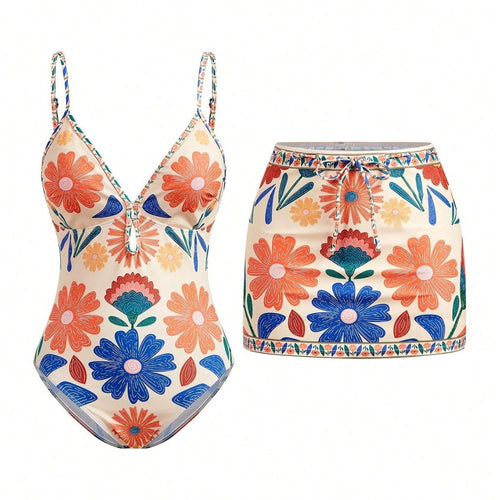 Damen Badeanzug mit floralem Design und abnehmbarem Rock Drune