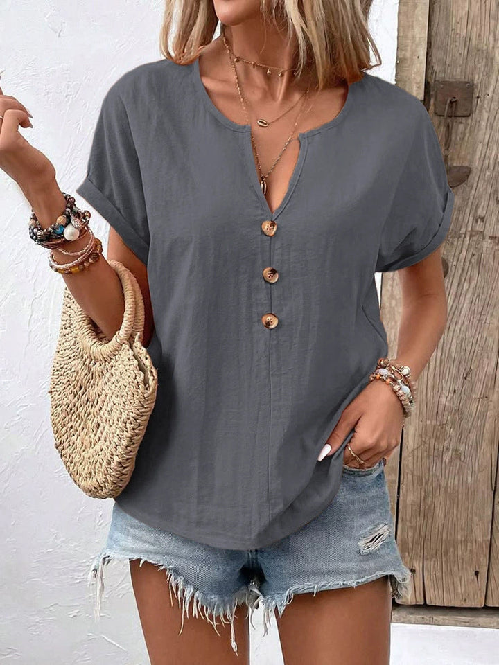 Damen Kurzarm Bluse mit Knopfleiste und lässigem Schnitt Drune