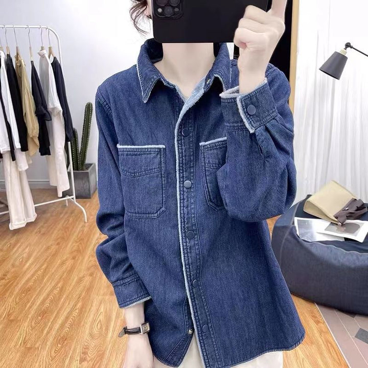 Damen lässige Denim-Bluse mit kontrastierendem Kragen Drune