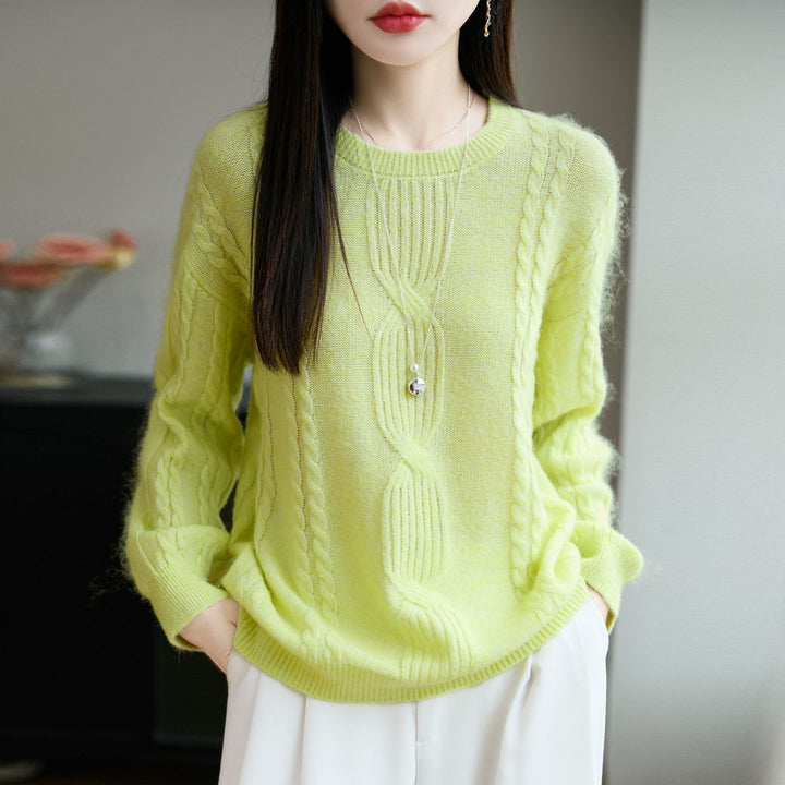 Damen Strickpullover mit einzigartigem Zopfmuster und Rundhalsausschnitt Drune