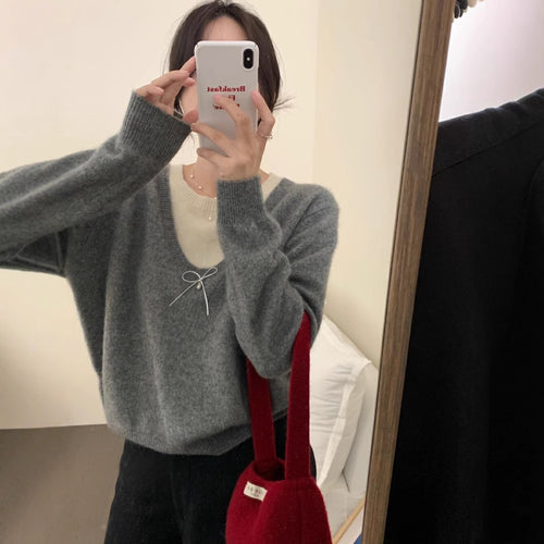Damen Pullover mit elegantem V-Ausschnitt und edler Schleifenapplikation Drune