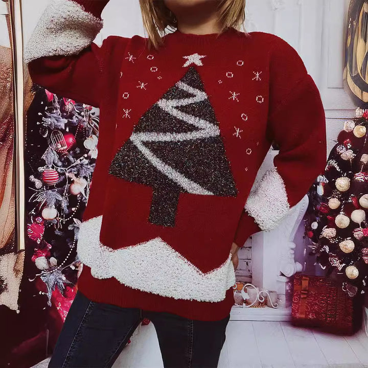 Damen Weihnachts-Pullover mit glitzerndem Baum-Motiv und kuscheliger Struktur Drune