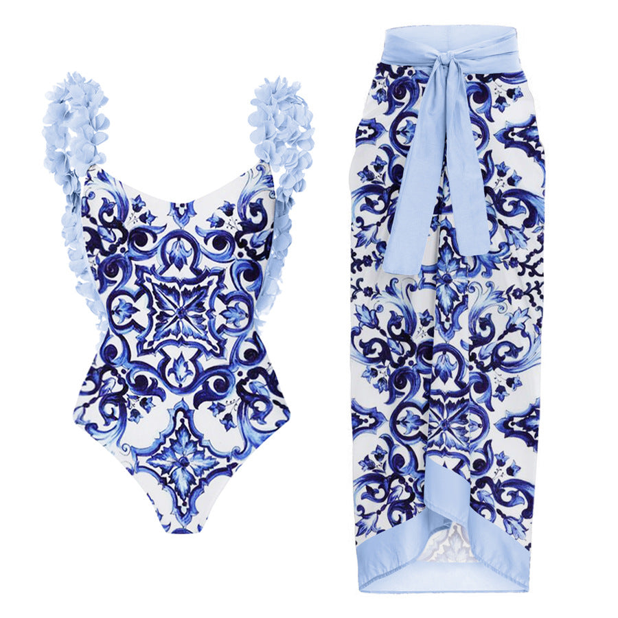 Damen Eleganter Badeanzug mit Rüschendetails und passendem Wickelrock Drune