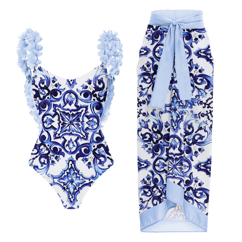 Damen Eleganter Badeanzug mit Rüschendetails und passendem Wickelrock Drune