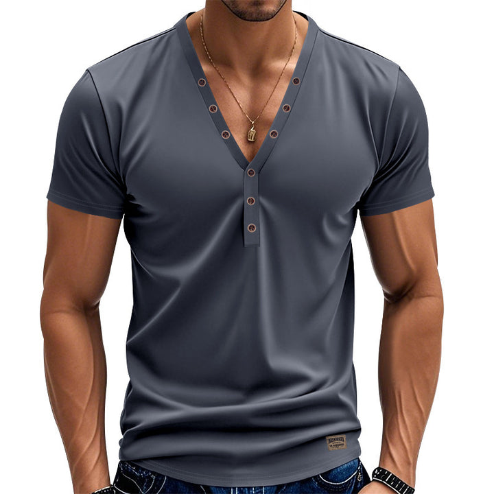 Herren nan athletisches schlank geschnittenes Henleyshirt mit verlängerter Knopfleiste und Baumwollstretch Drune