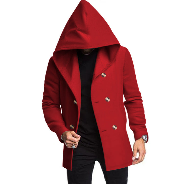 Herren modischer Mantel mit Kapuze und doppelter Knopfreihe Drune
