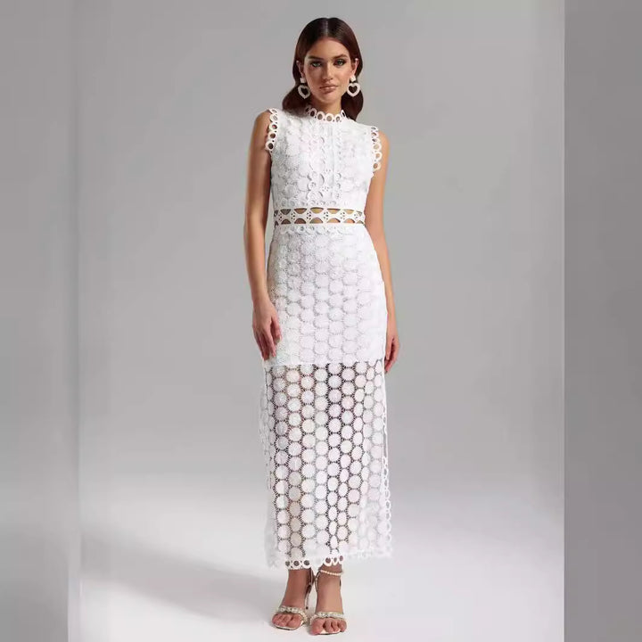 Damen Elegantes Spitzen-Maxikleid mit transparenten Einsätzen und dekorativen Rüschendetails Drune