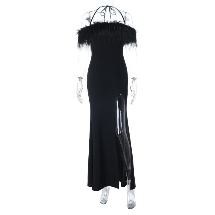 Damen schulterfreies Maxikleid mit Federn und seitlichem Schlitz Drune