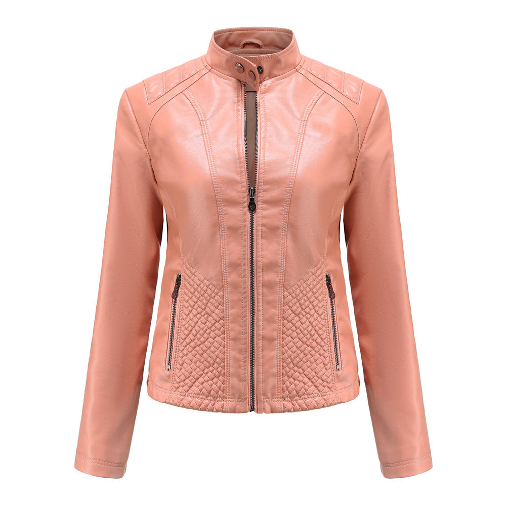 Damen nan taillierte Biker-Kunstlederjacke mit Stehkragen und gesteppter Seitenpartie Drune