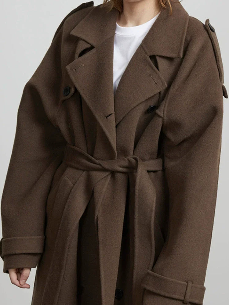 Drune | Damen Langer Mantel – Oversized Schnitt – Wollmischung – Doppelt Knopfverschluss Gürteldesign
