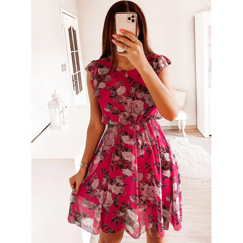Damen Sommerliches Blumenkleid mit Rüschendetails und Taillengürtel Drune