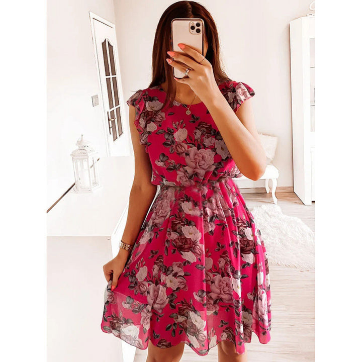 Damen Sommerliches Blumenkleid mit Rüschendetails und Taillengürtel Drune