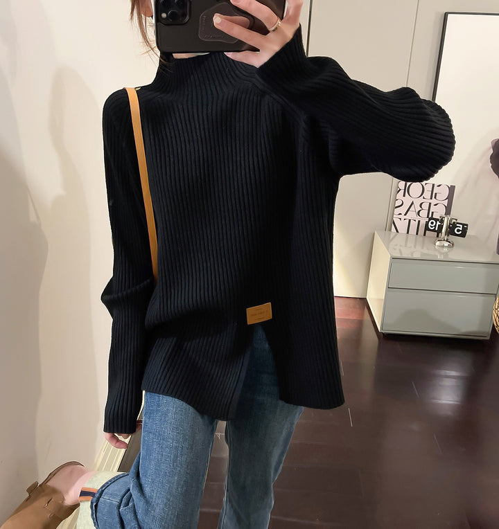 Damen Moderner Rippstrickpullover mit hohem Kragen und asymmetrischem Schnitt Drune