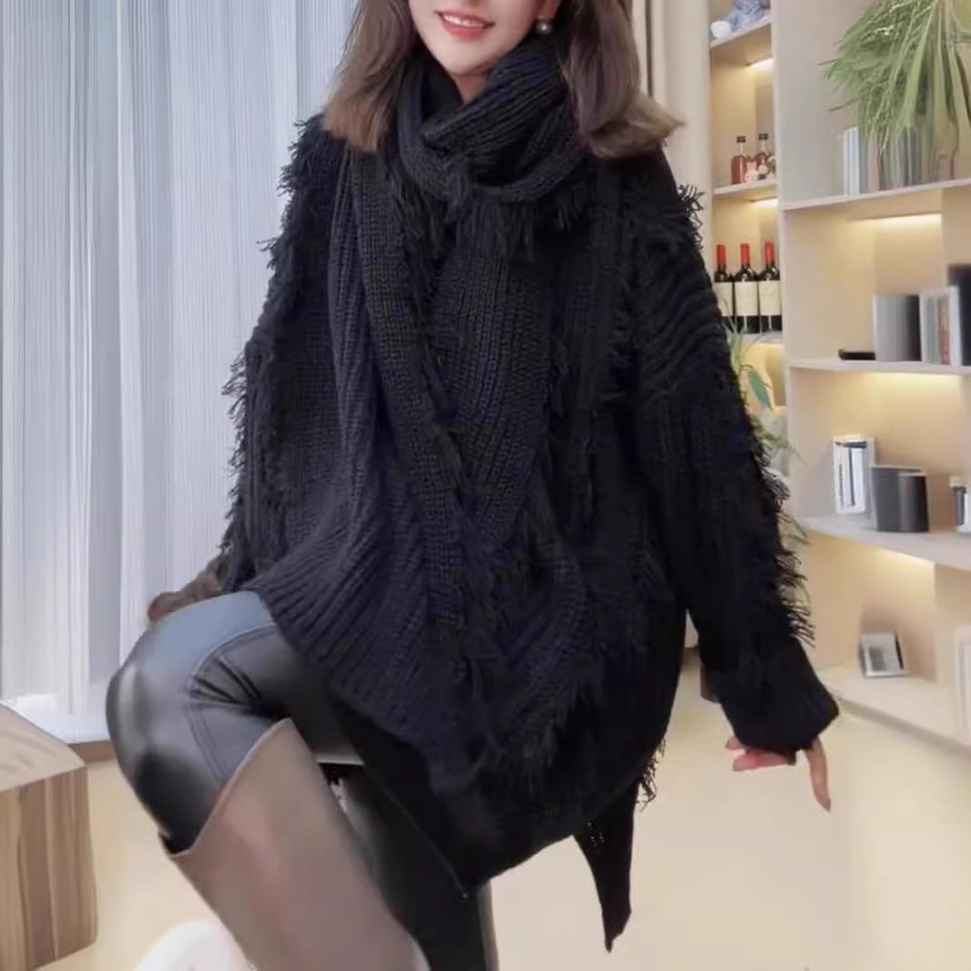 Damen Grobstrickpullover mit fransigen Abschlüssen und V-Ausschnitt Drune