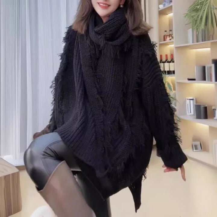 Damen Grobstrickpullover mit fransigen Abschlüssen und V-Ausschnitt Drune