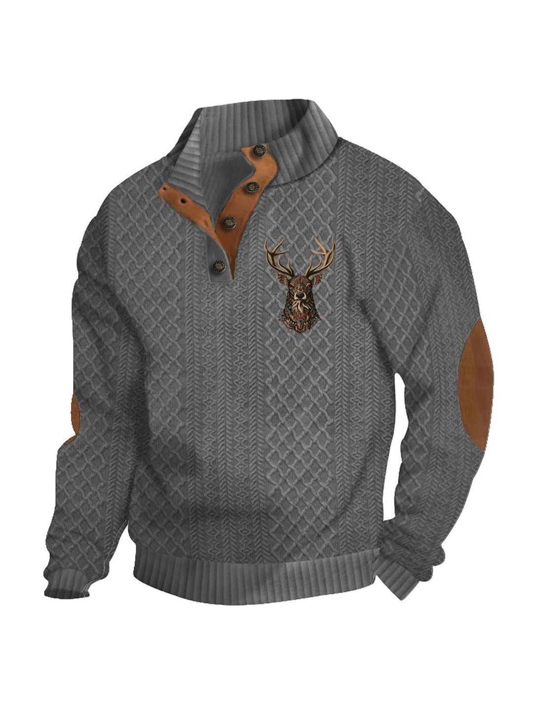 Herren nan Heritage-Strukturpullover mit Stehkragen Lederimitat-Besatz Ellenbogen-Patches und Halbknopfleiste Drune