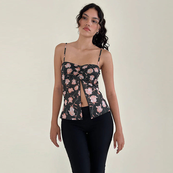 Damen Cami-Top mit floralem Design und nostalgischem Knotenverschluss Drune