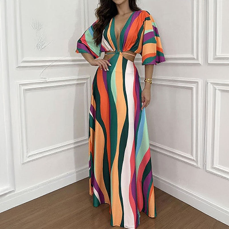 Damen Maxi-Kleid mit tiefem V-Ausschnitt und Wellenmuster Drune