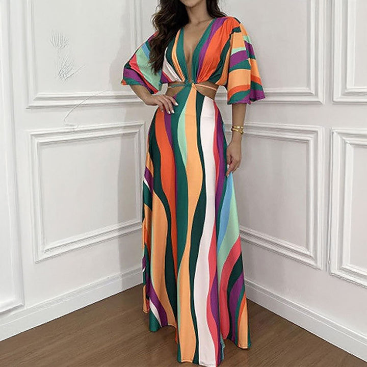 Damen Maxi-Kleid mit tiefem V-Ausschnitt und Wellenmuster Drune