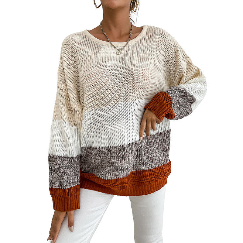 Damen lässiger Strickpullover mit modischen Blockstreifen Drune