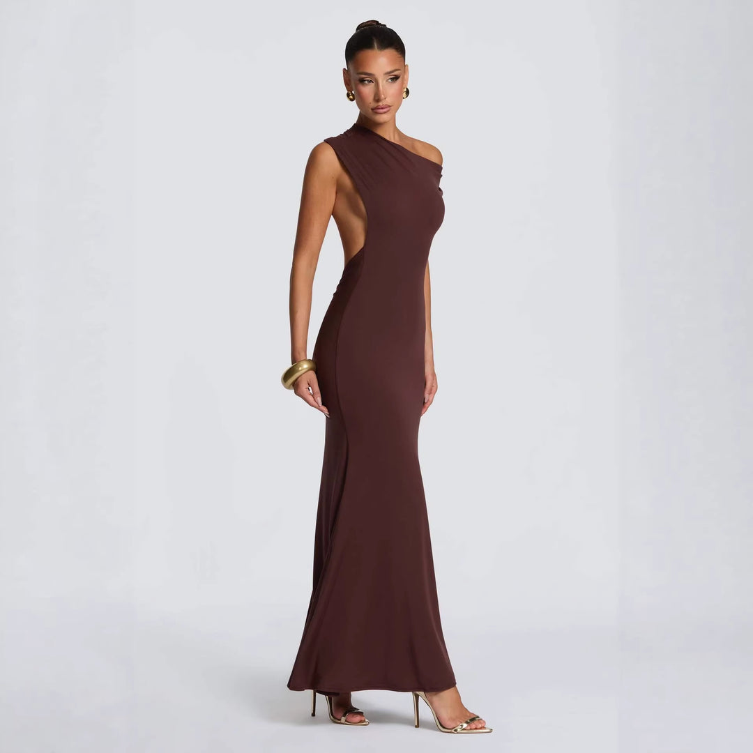 Damen Elegantes asymmetrisches Maxikleid mit schulterfreiem Design Drune