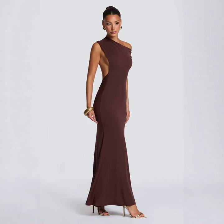 Damen Elegantes asymmetrisches Maxikleid mit schulterfreiem Design Drune
