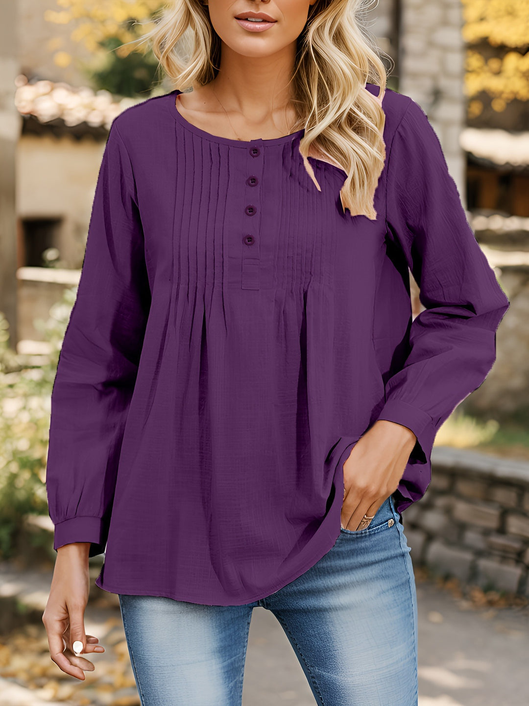 Damen Bluse mit Falten und Knopfleiste Drune