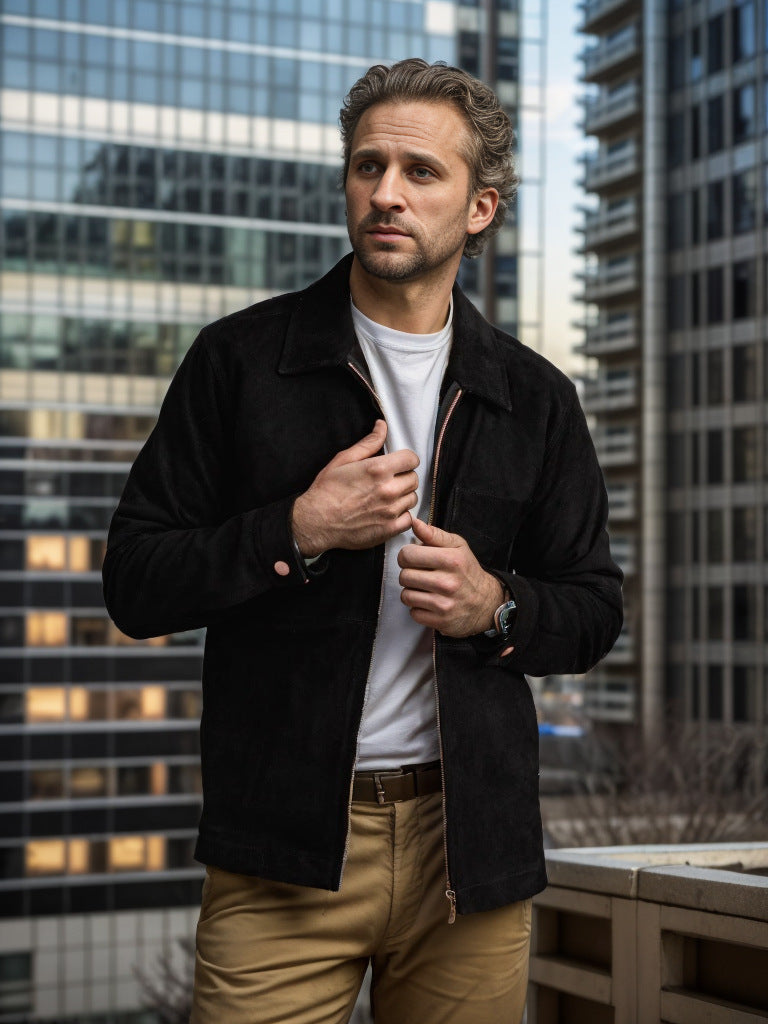 Herren modische Wildlederjacke mit hohem Stehkragen Drune