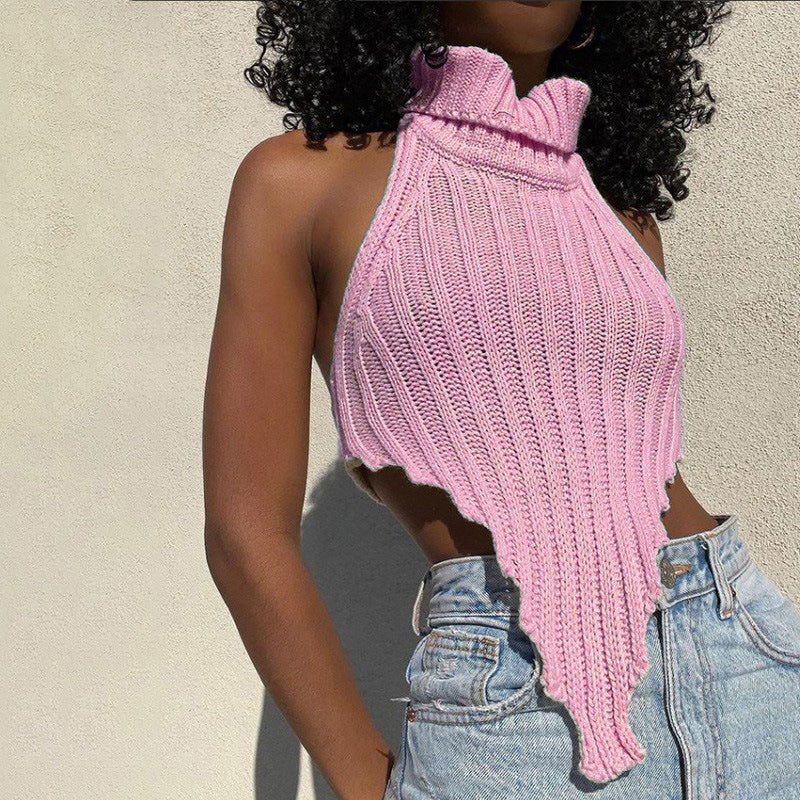 Damen cropped Stricktop mit hohem Kragen Drune