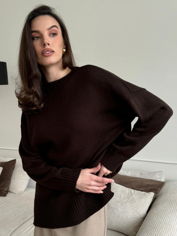 Damen Bequemer und eleganter Strickpullover mit seitlichem Schlitz Drune