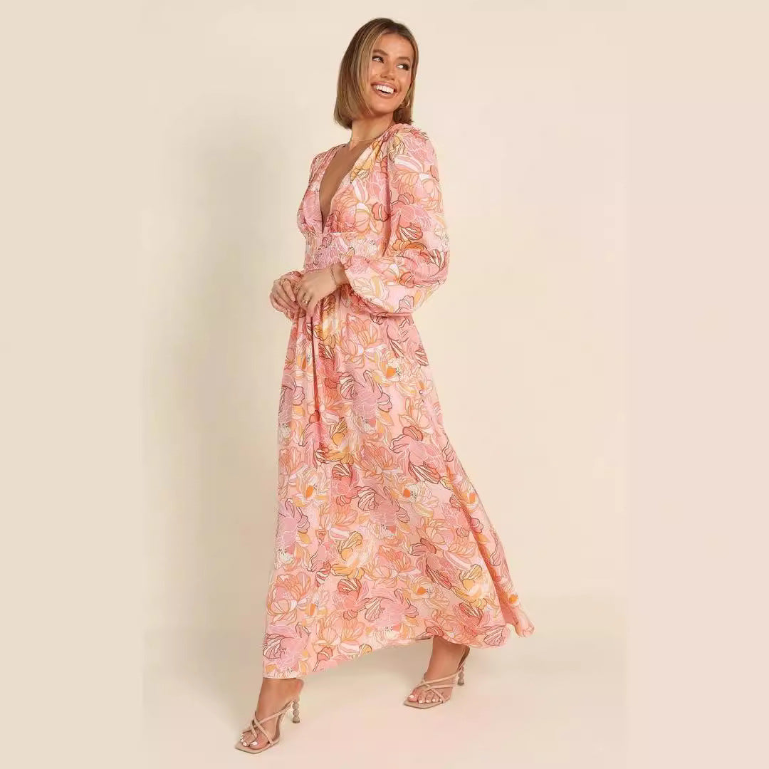 Damen Blütenmuster Sommerkleid mit tiefem V-Ausschnitt und Puffärmeln Drune