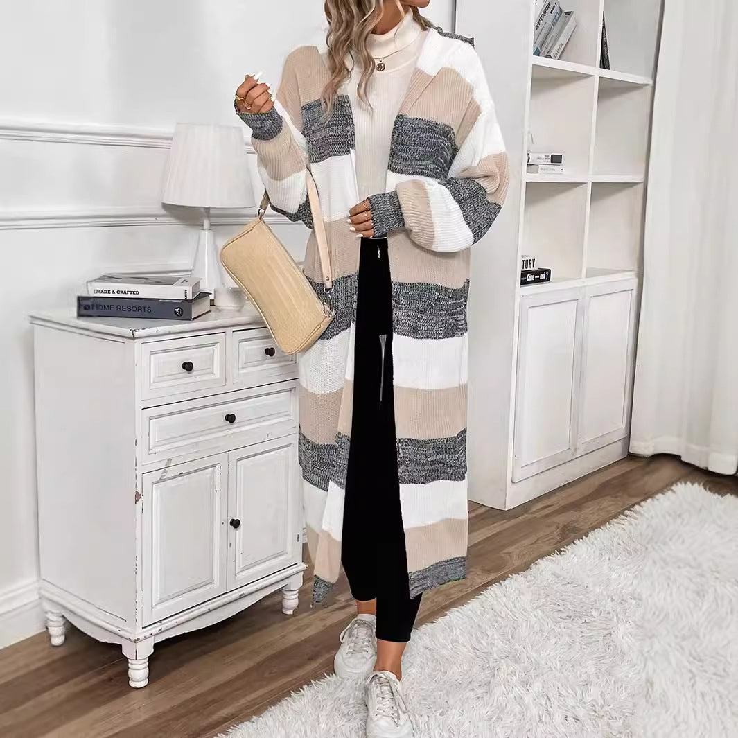 Damen Langer Strickcardigan mit modischem Streifenmuster und lässigem Schnitt Drune