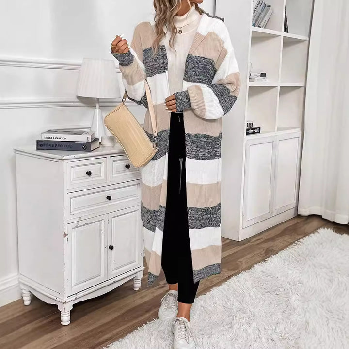 Damen Langer Strickcardigan mit modischem Streifenmuster und lässigem Schnitt Drune