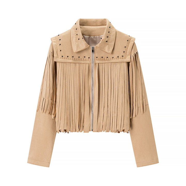 Damen Fransenjacke aus Wildlederimitat mit Zipper und stilvollen Applikationen Drune