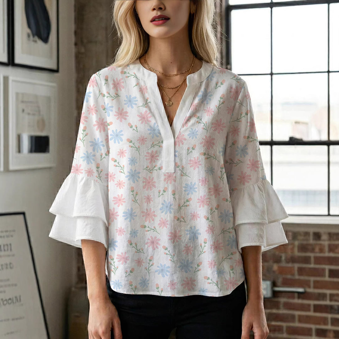 Damen Bluse mit voluminösen Flügelärmel und intensivem Blattmuster Drune