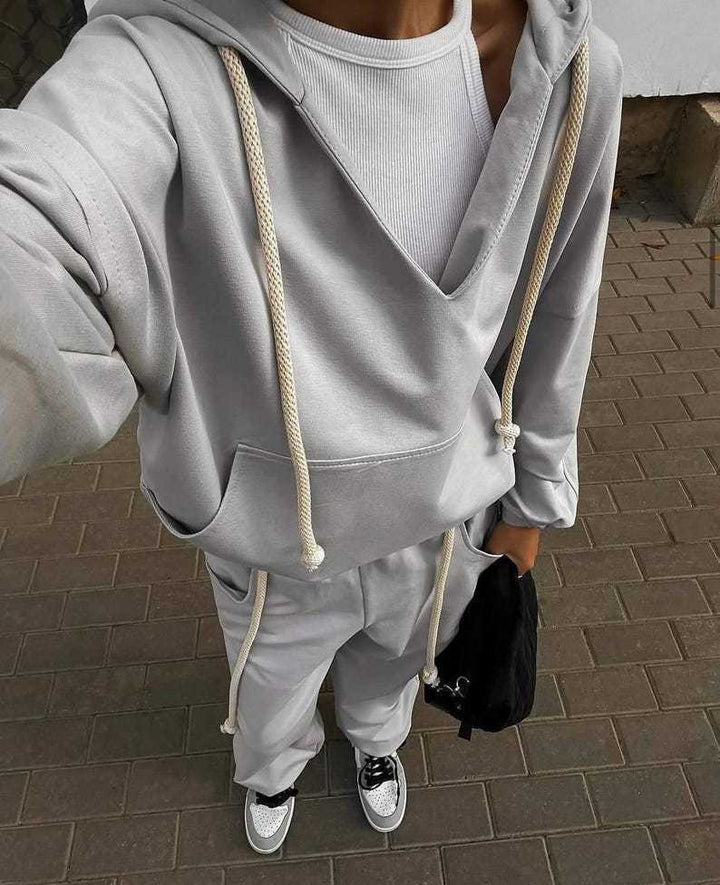Damen lässiges Relaxed-Fit Freizeit-Set mit Kapuzenpullover und bequemen Jogginghosen Drune